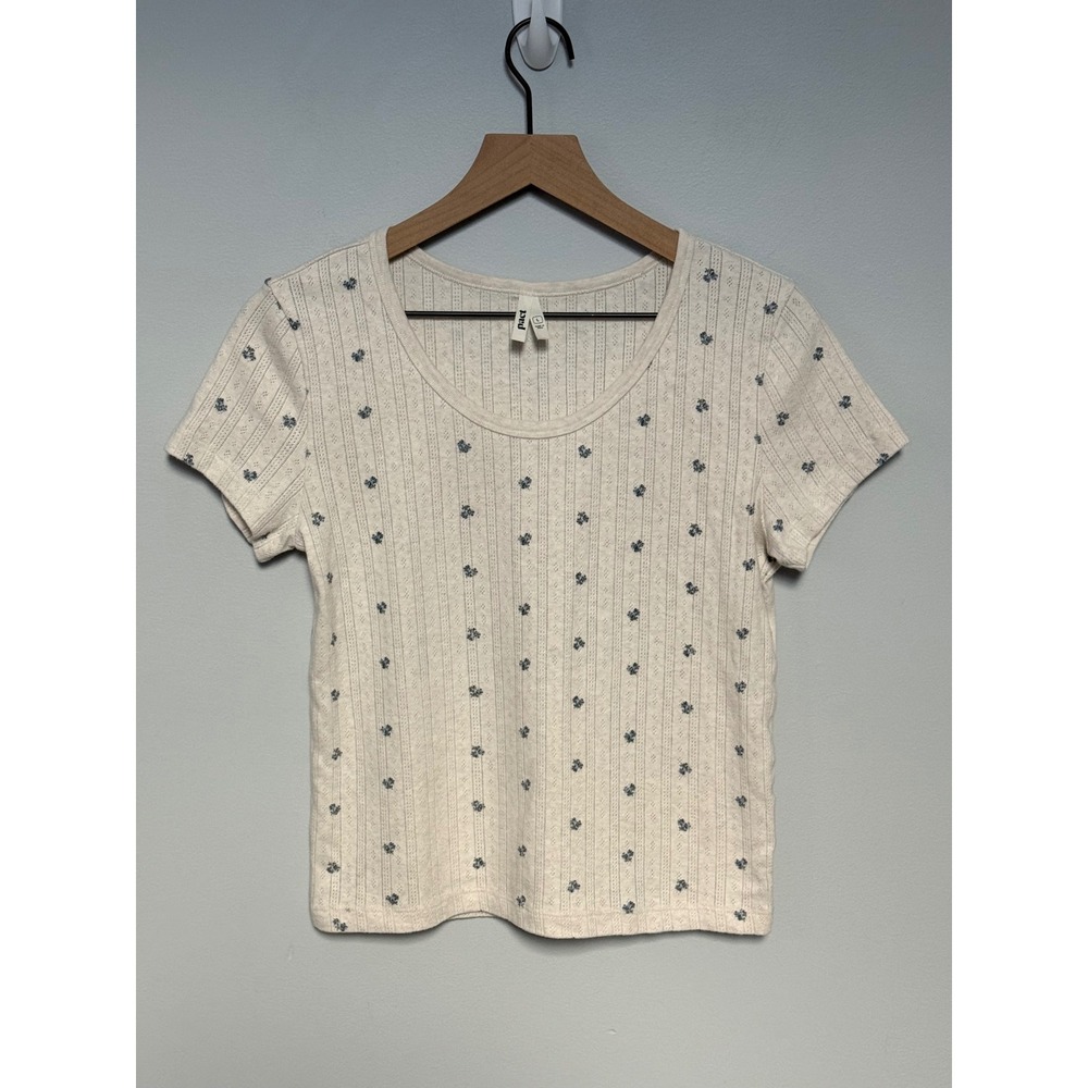 Pact Organic Cotton Pointelle Floral T-Shirt Cream Blue Scoop Neck Size L